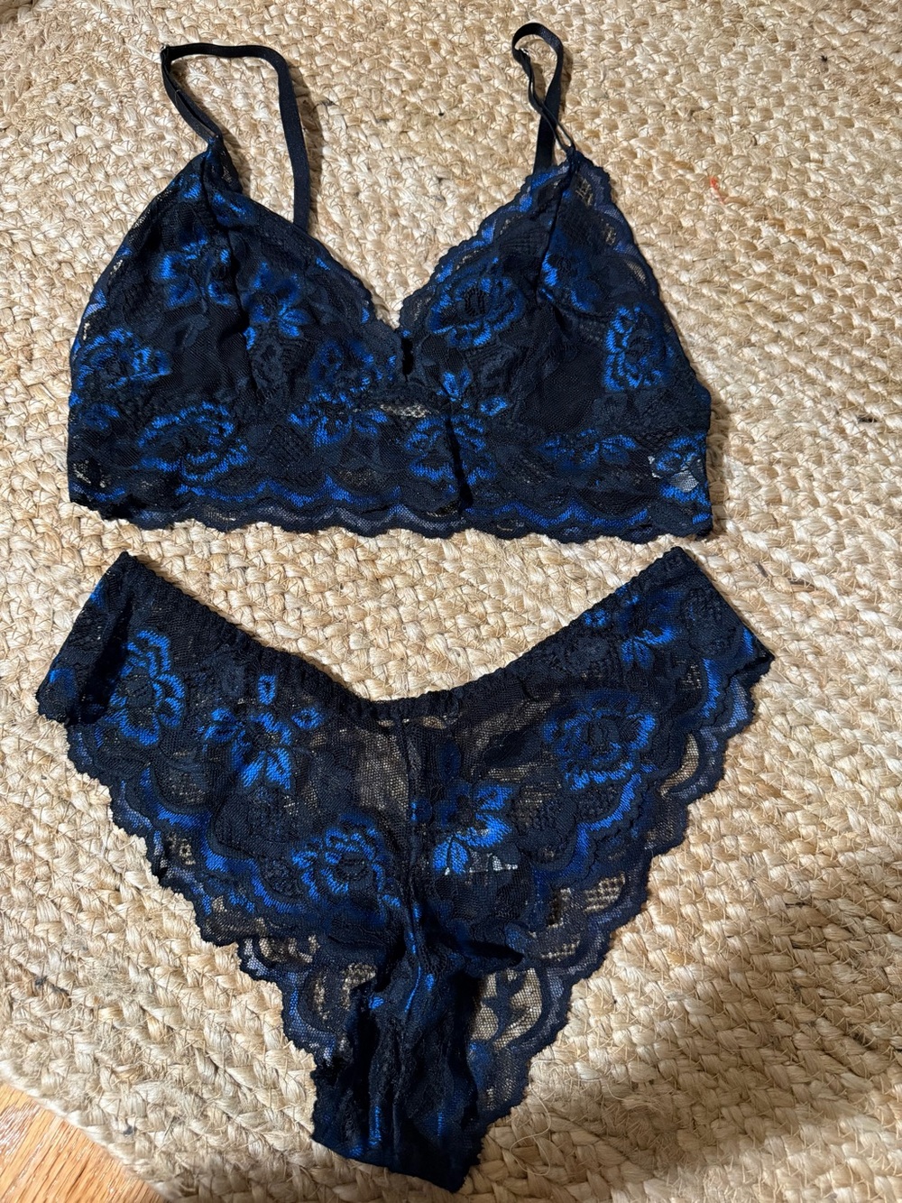 Lace Bralette & Bikini Set - Black with Blue Floral Accents